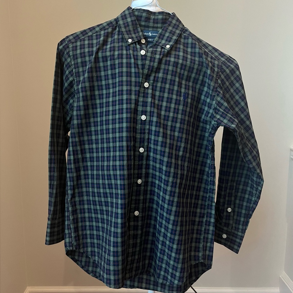 Ralph Lauren Boys Green Plaid Long Sleeve Button Up- M/10-12
